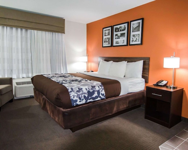 Une chambre d’hôtel avec un grand lit, une table de chevet avec une lampe, une chaise et une fenêtre avec des rideaux.