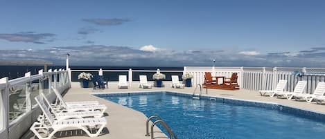 Seasonal outdoor pool, sun loungers