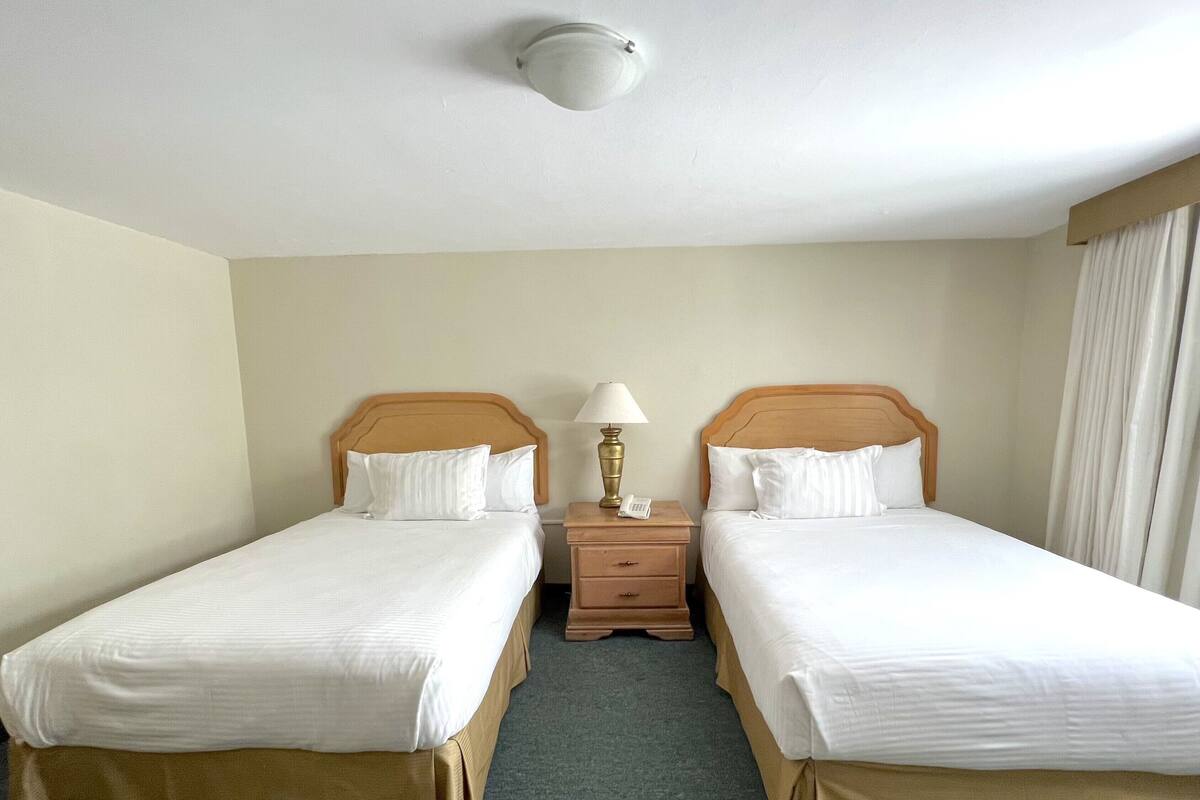 A hotel room with two single beds, a nightstand with a lamp, and a ceiling light.