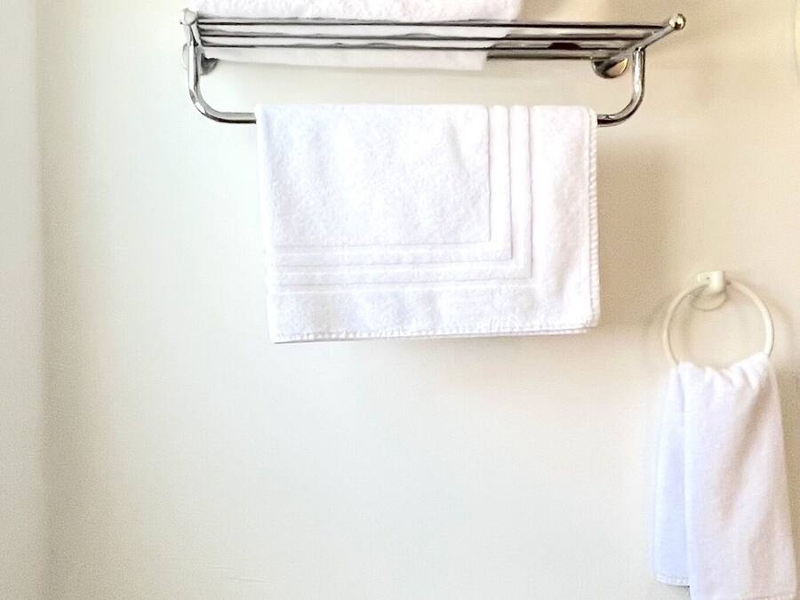 Une salle de bain équipée de toilettes, d’une poubelle et d’un porte-serviettes avec des serviettes pliées.