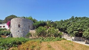 A stone tower with a small window, surrounded by lush greenery and a white building with red shutters in the background. - Petrino (Naxos)