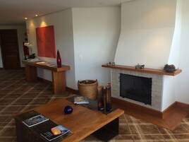 Uma sala de estar moderna com lareira, uma mesa de centro de madeira e uma estante de livros.