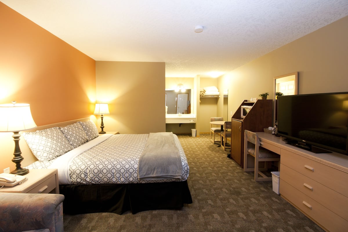 A hotel room with a bed, desk, chair, TV, and a mirror.