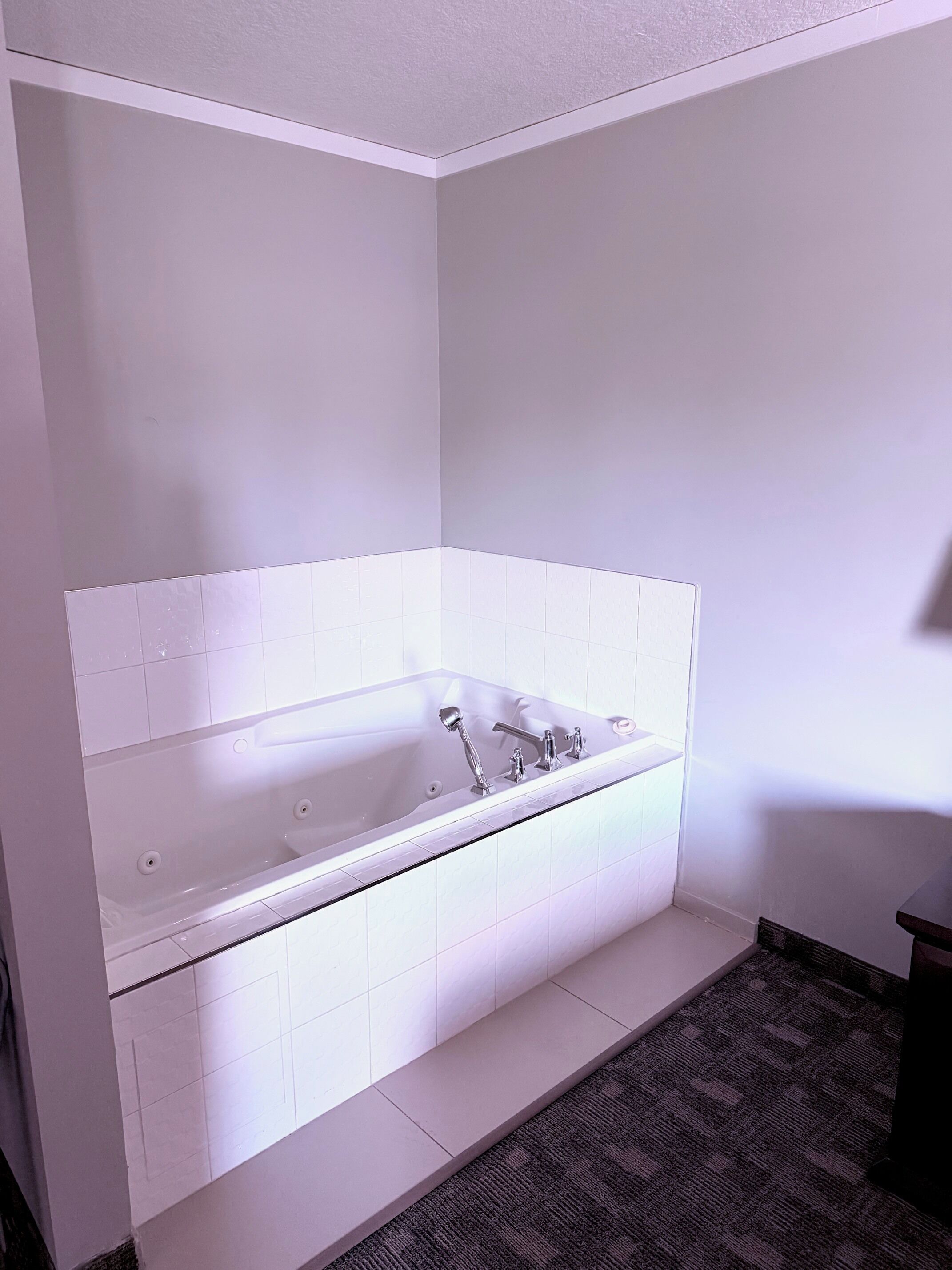 Un baño moderno con una bañera independiente, baldosas blancas y un suelo cubierto de moqueta oscura.
