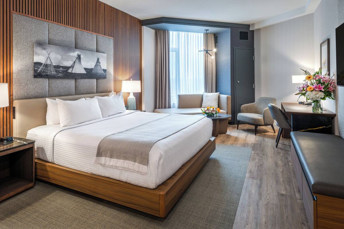 Habitación de hotel moderna con una cama grande, un escritorio, una silla, un televisor y un cuadro en la pared.