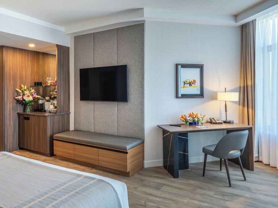 Habitación de hotel con cama, escritorio y silla, televisor, cuadro enmarco y ventana con cortinas.