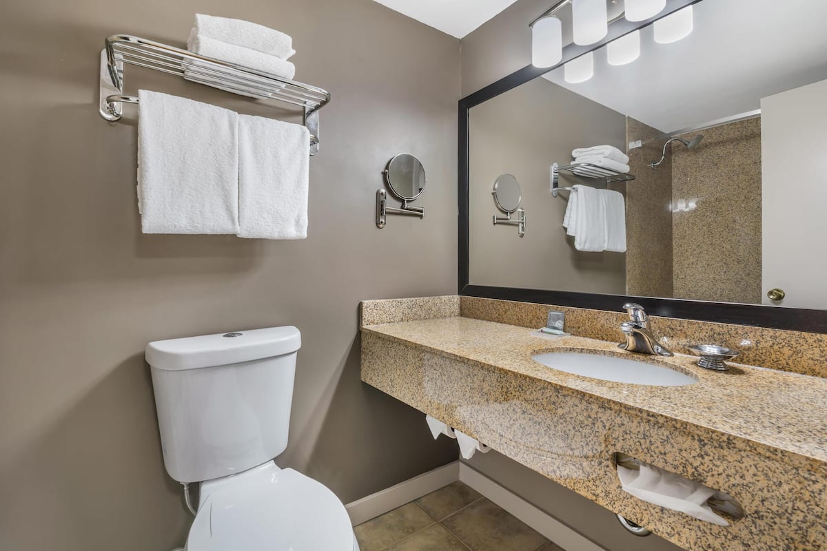 standard room, 2 queen beds, non smoking, balcony (pet friendly) | bathroom | combined shower/bathtub, free toiletries, hair dryer, towels