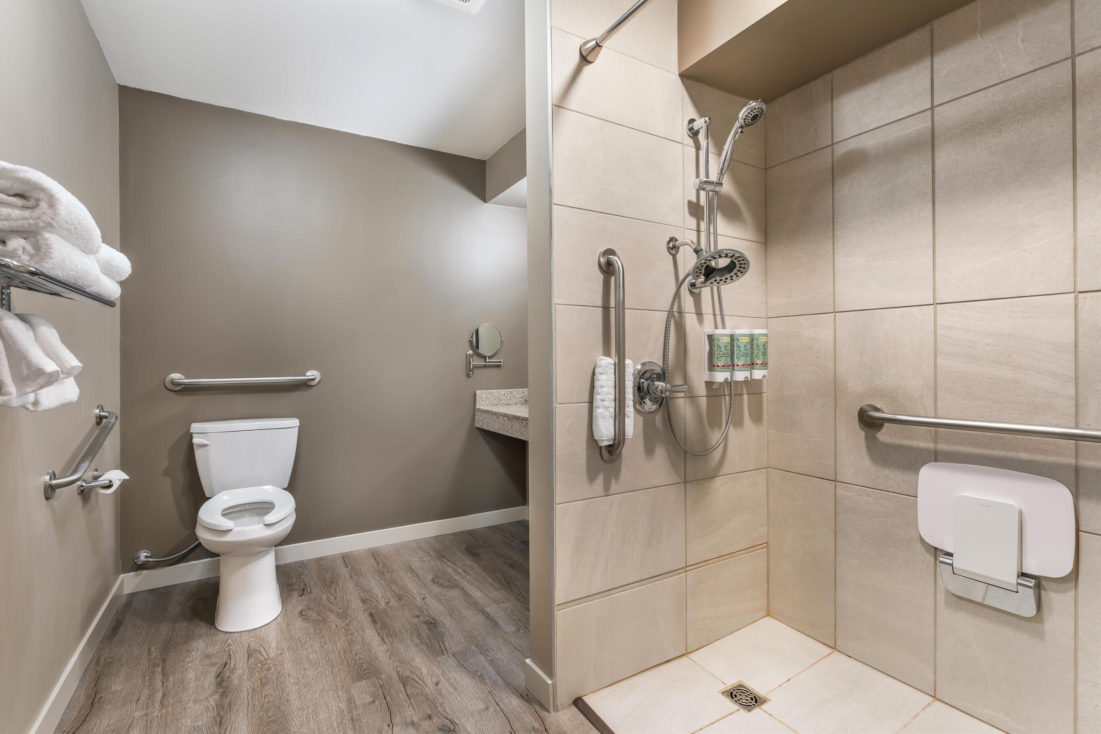 standard room, 1 king bed, accessible, non smoking | bathroom | combined shower/bathtub, free toiletries, hair dryer, towels