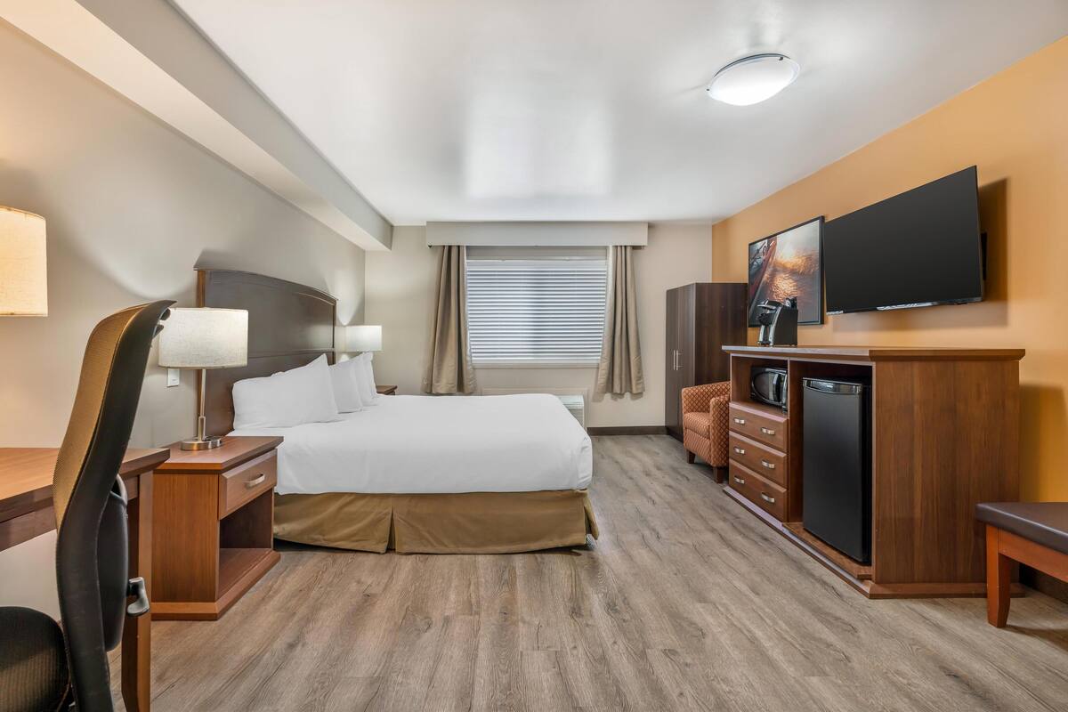 Ett hotellrum med en säng, ett skrivbord, en stol, en TV och en minibar.