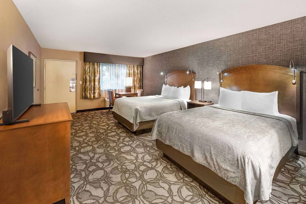 Quarto de hotel com duas camas, uma escrivaninha, televisão e tapete estampado.