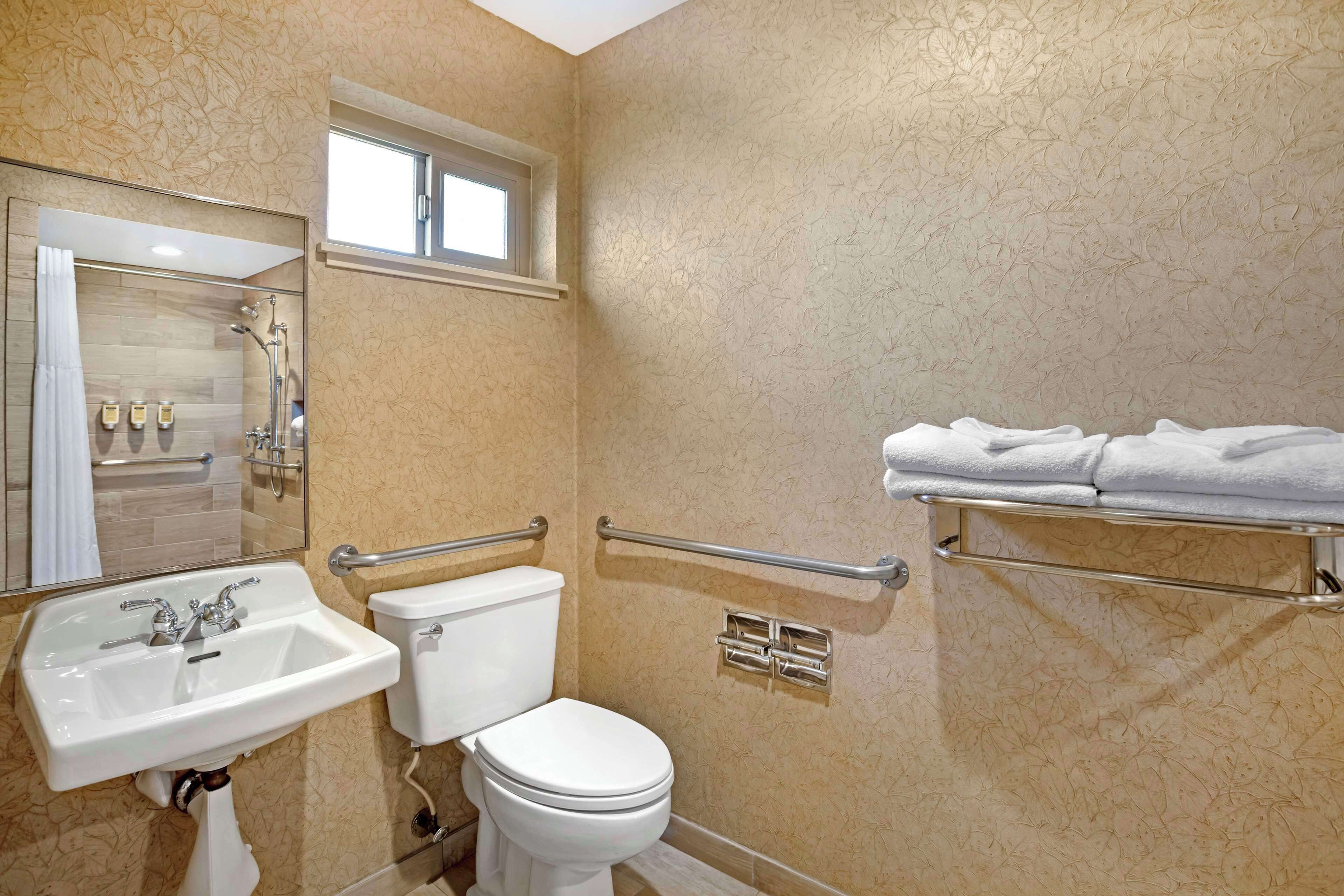 A bathroom with a sink, toilet, and shower. There are handrails and a towel rack.