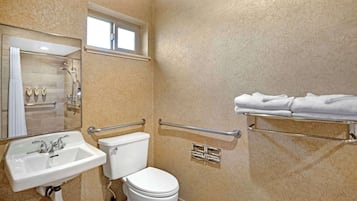 A bathroom with a sink, toilet, and shower. There are handrails and a towel rack.