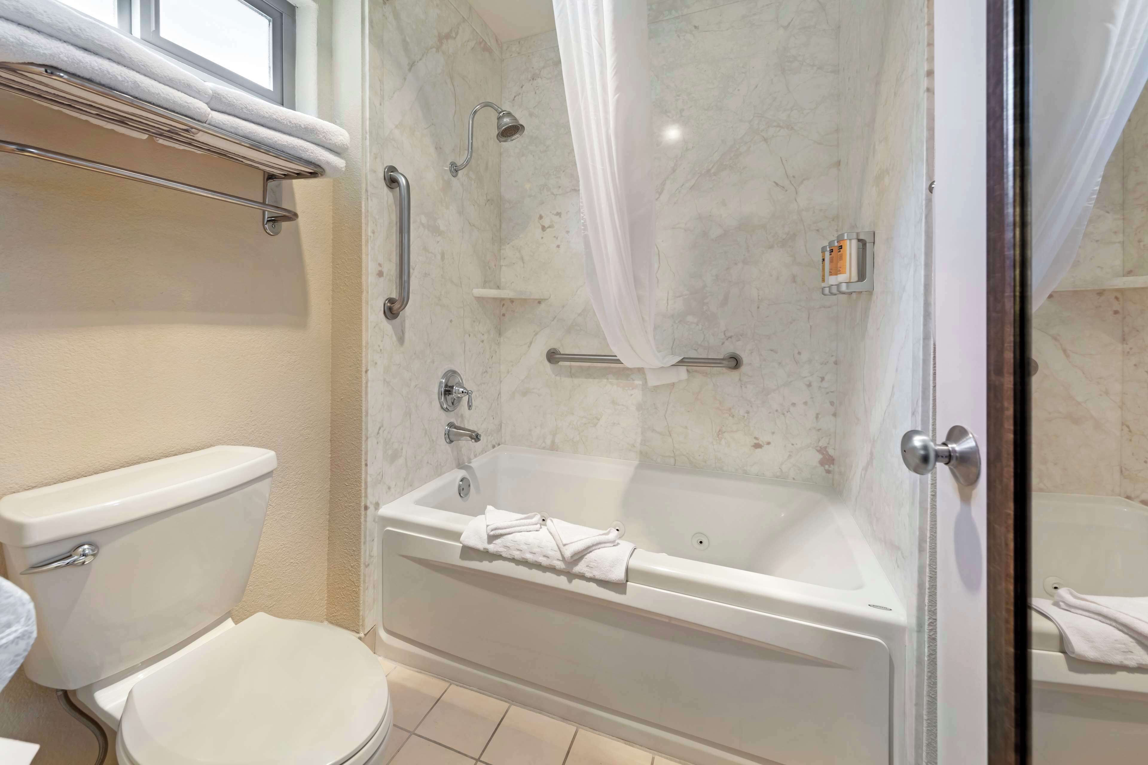Un baño con bañera, inodoro y zona de ducha.
