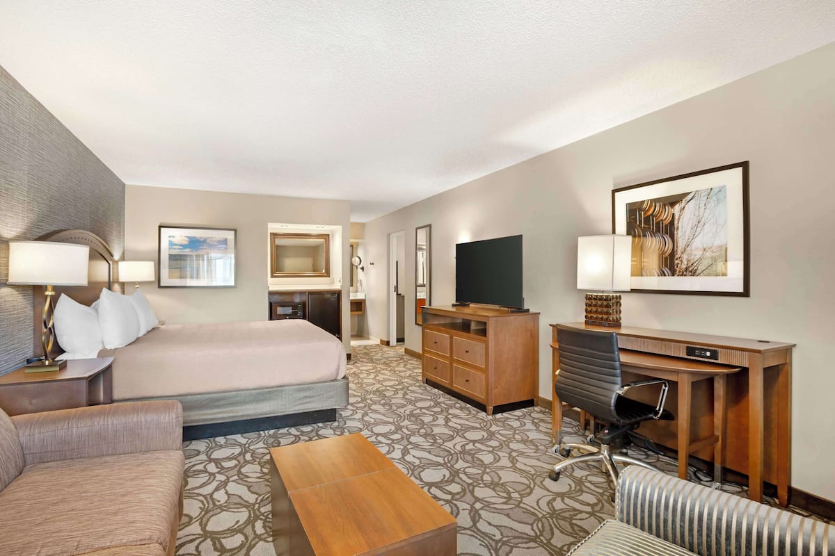 Quarto de hotel com cama, escrivaninha, cadeira, televisão e sofá.