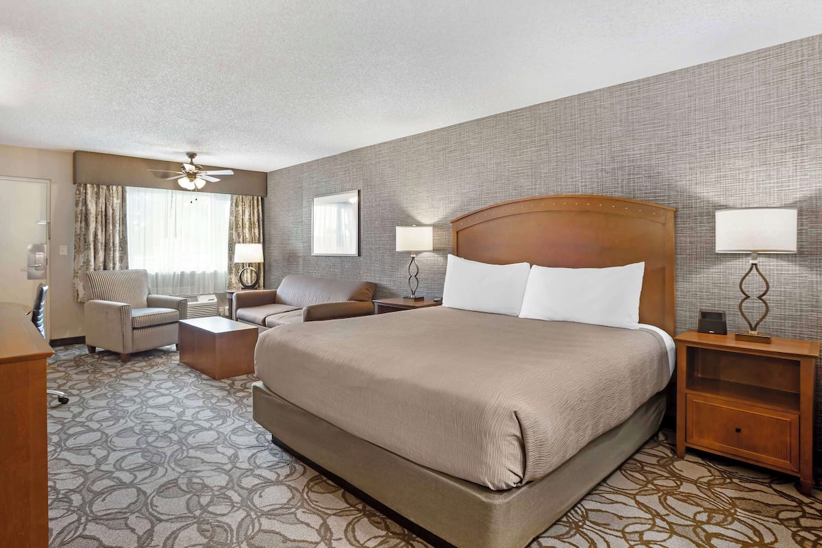 Une chambre d’hôtel avec un grand lit, deux tables de chevet avec des lampes, une chaise, un bureau et un ventilateur de plafond.