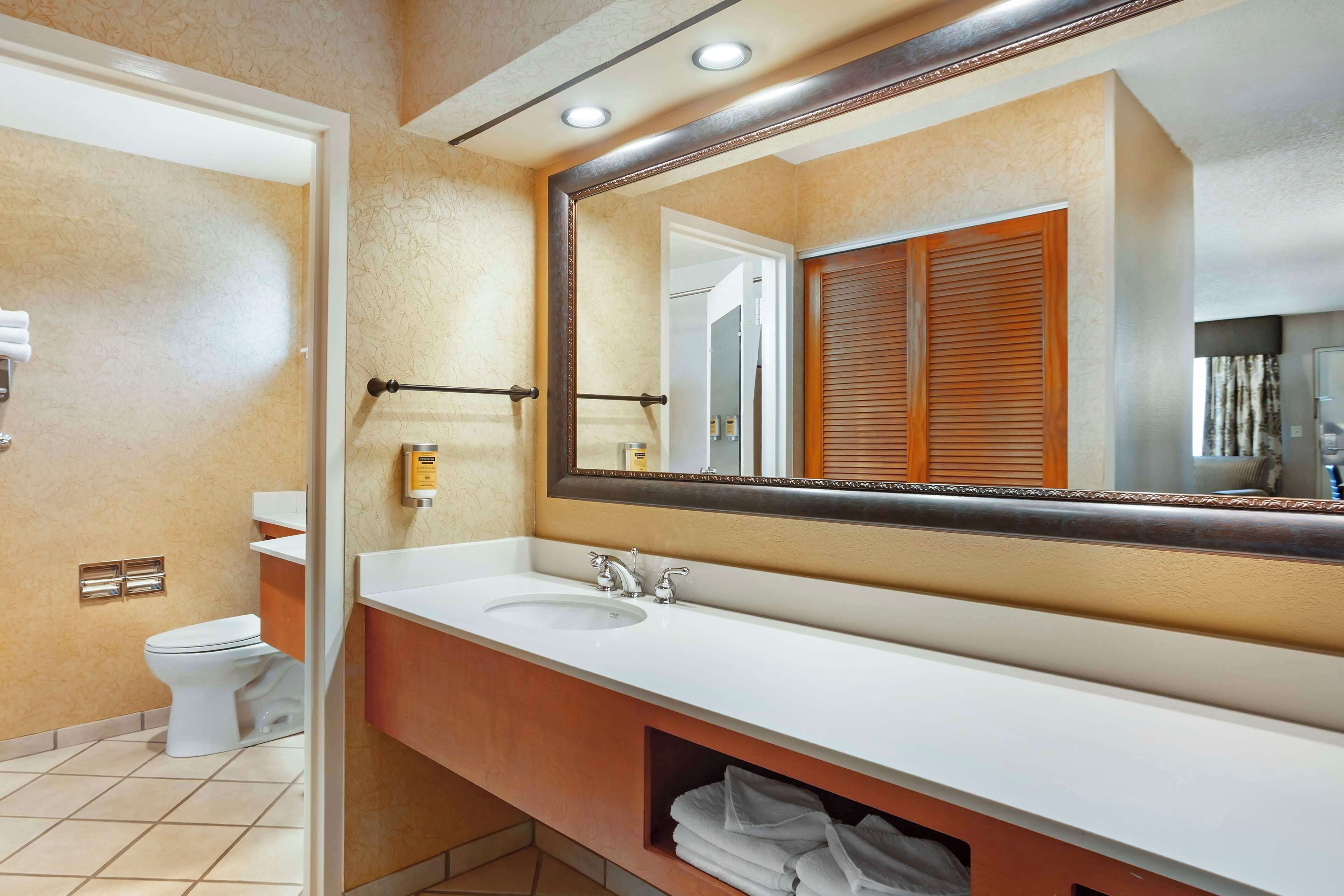 A bathroom with a white sink, a large mirror, and a wooden door.