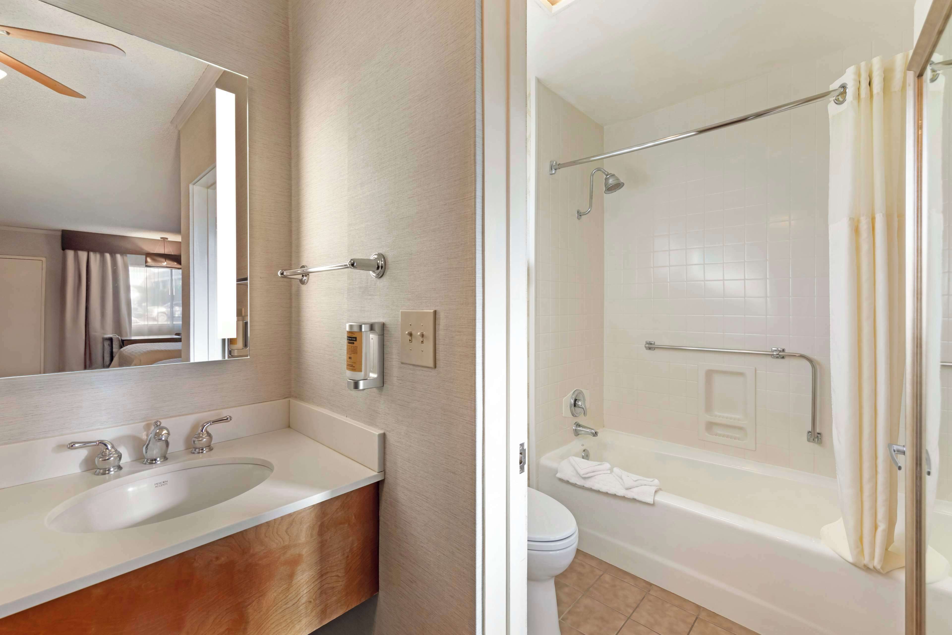 A modern bathroom with a sink, mirror, and a walk-in shower with grab bars.