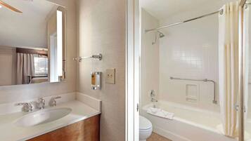 A modern bathroom with a sink, mirror, and a walk-in shower with grab bars.