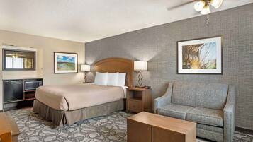 Une chambre d’hôtel avec un grand lit, un canapé, un bureau et un ventilateur de plafond.