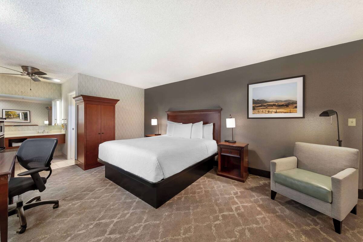 Quarto de hotel com cama, escrivaninha, cadeira, mesa de cabeceira e um quadro na parede.