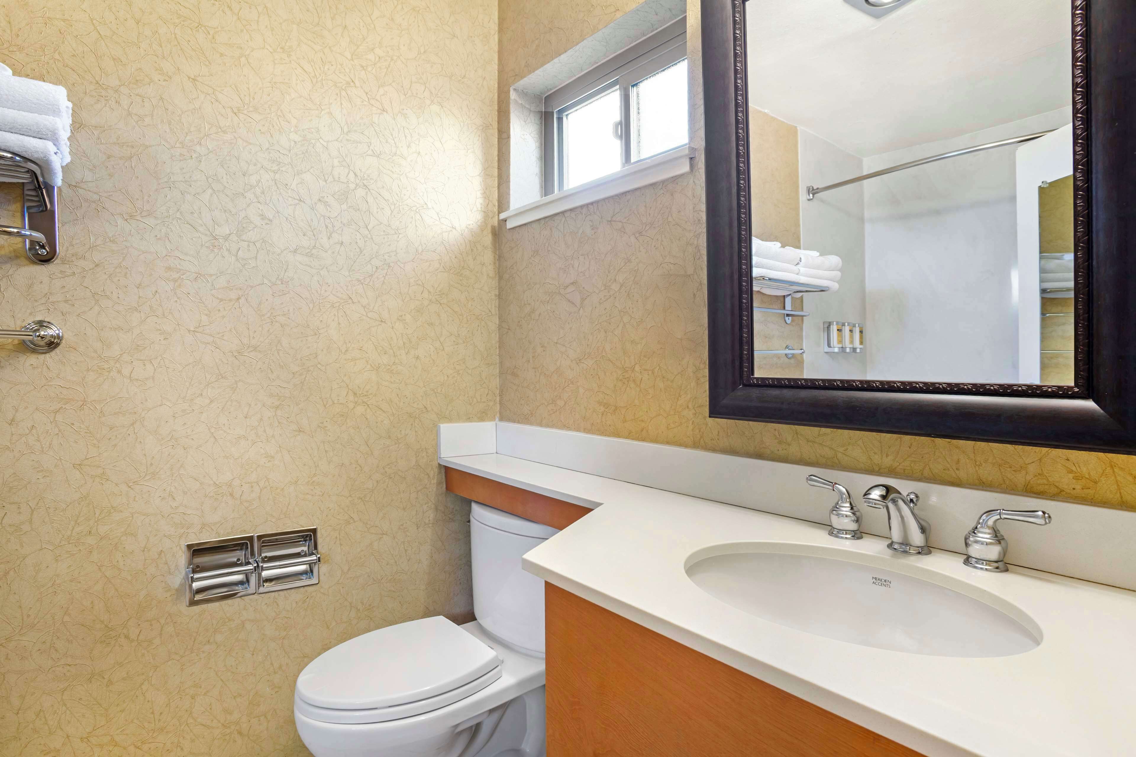 Une salle de bain avec un lavabo blanc, un miroir, des toilettes et une fenêtre.