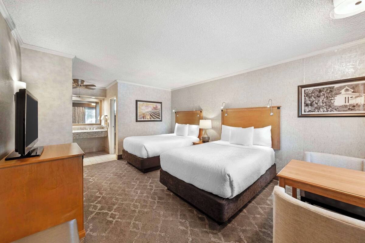 Quarto de hotel com duas camas, televisão, escrivaninha e cadeira.