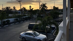 Een parkeerplaats met enkele auto's, palmbomen en een gebouw op de achtergrond.