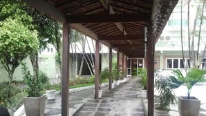 Un pasaje cubierto con plantas en macetas y suelo de piedra.