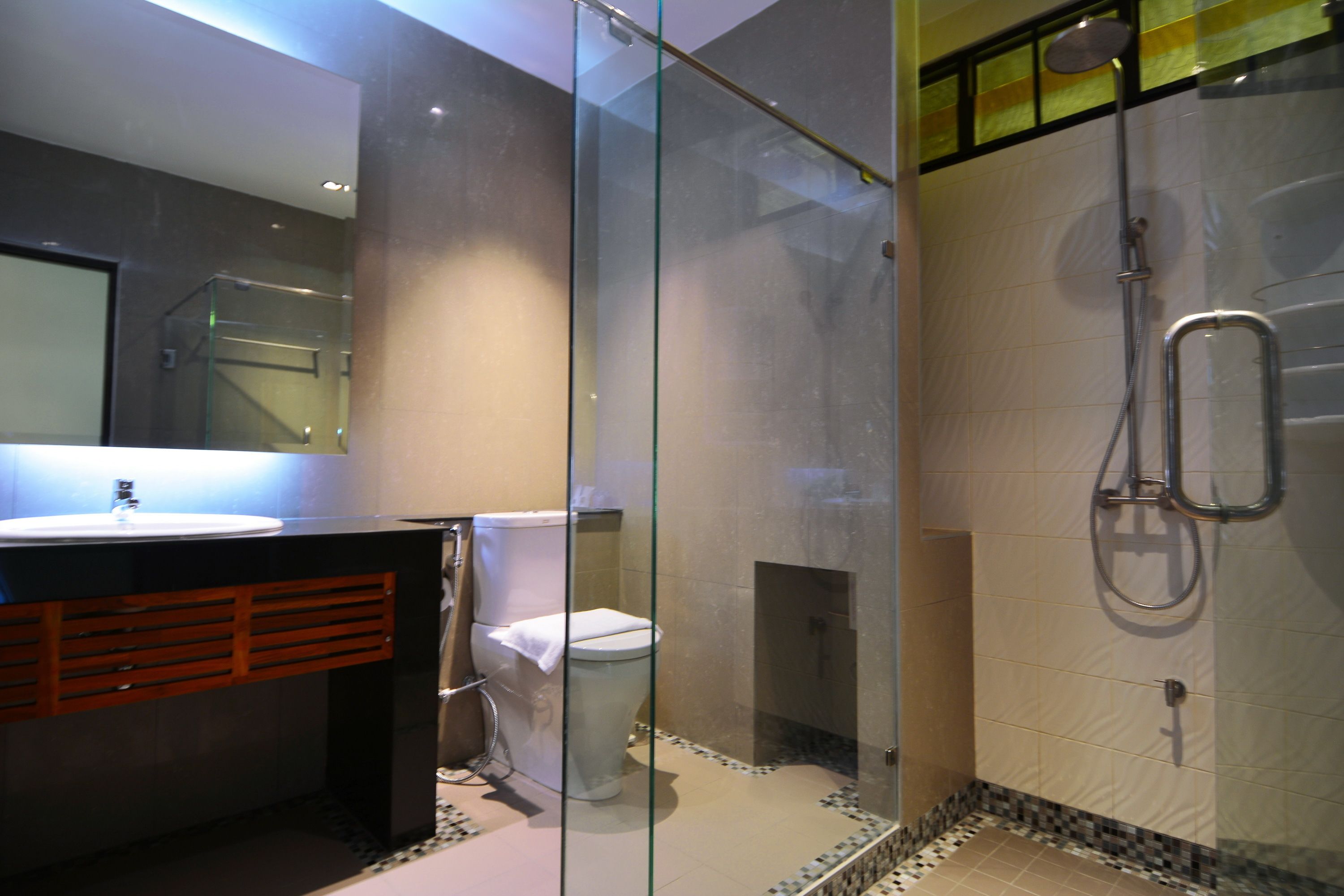 A modern bathroom with a glass-enclosed shower, a sink, and a toilet.