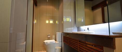 A modern bathroom with a toilet, sink, and mirror.