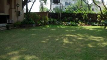 A backyard with a lawn, a tree, and a building with a satellite dish.