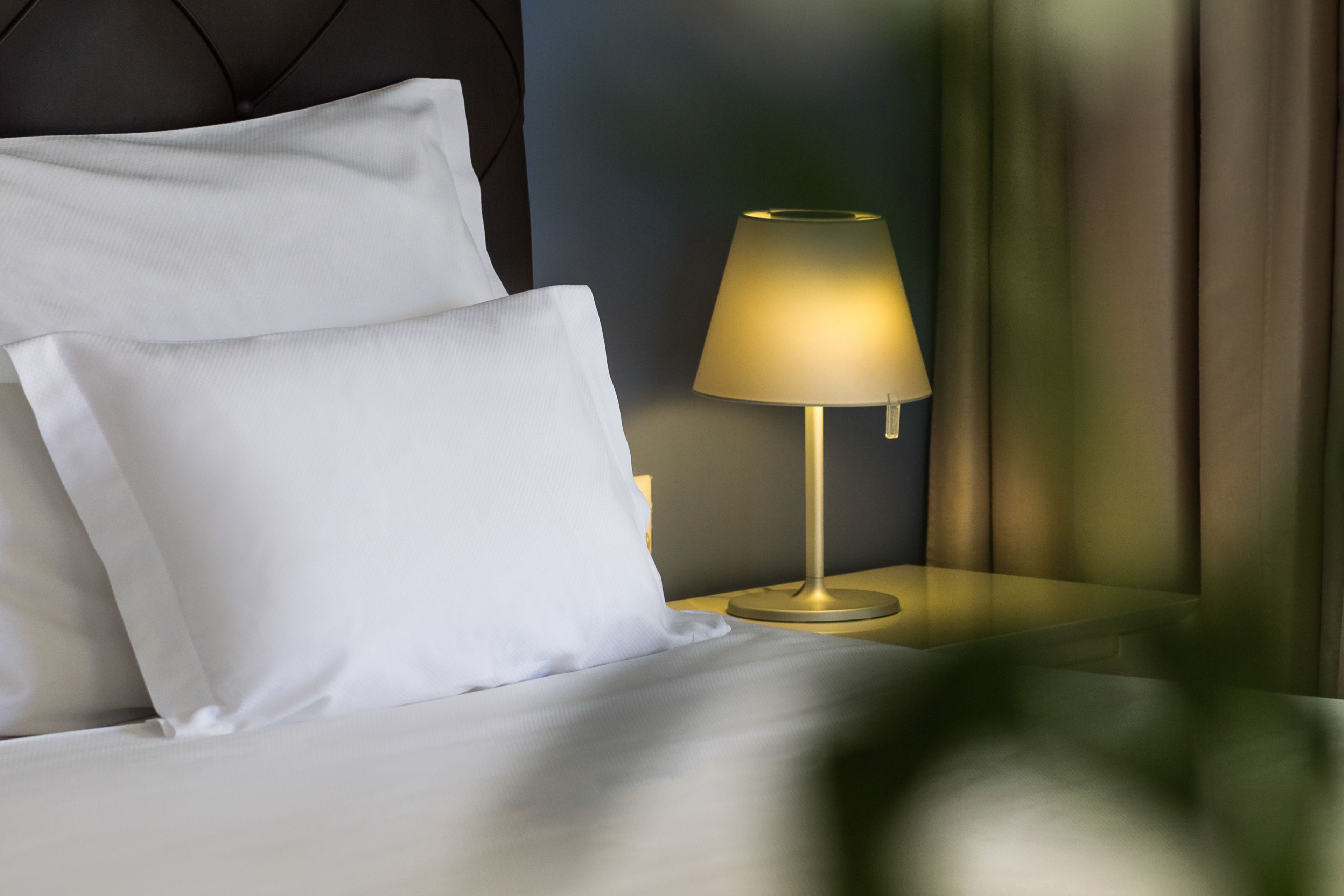 A neatly made bed with white linens and pillows, a bedside table with a lamp, and a dark headboard.