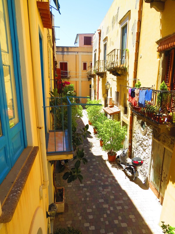 A narrow alleyway with potted plants and a scooter parked on the right.