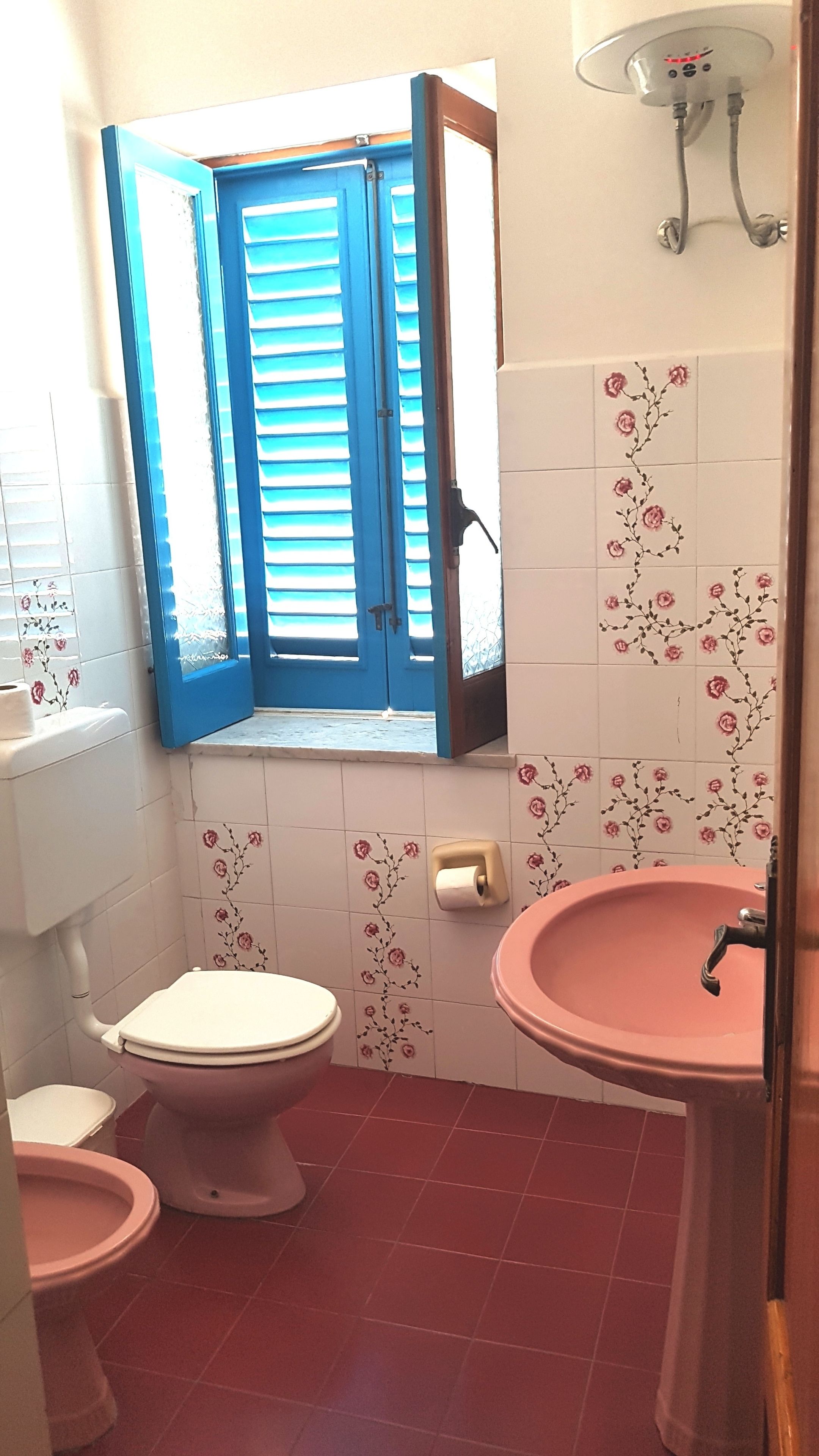 A bathroom with a toilet, sink, and window with blue shutters.