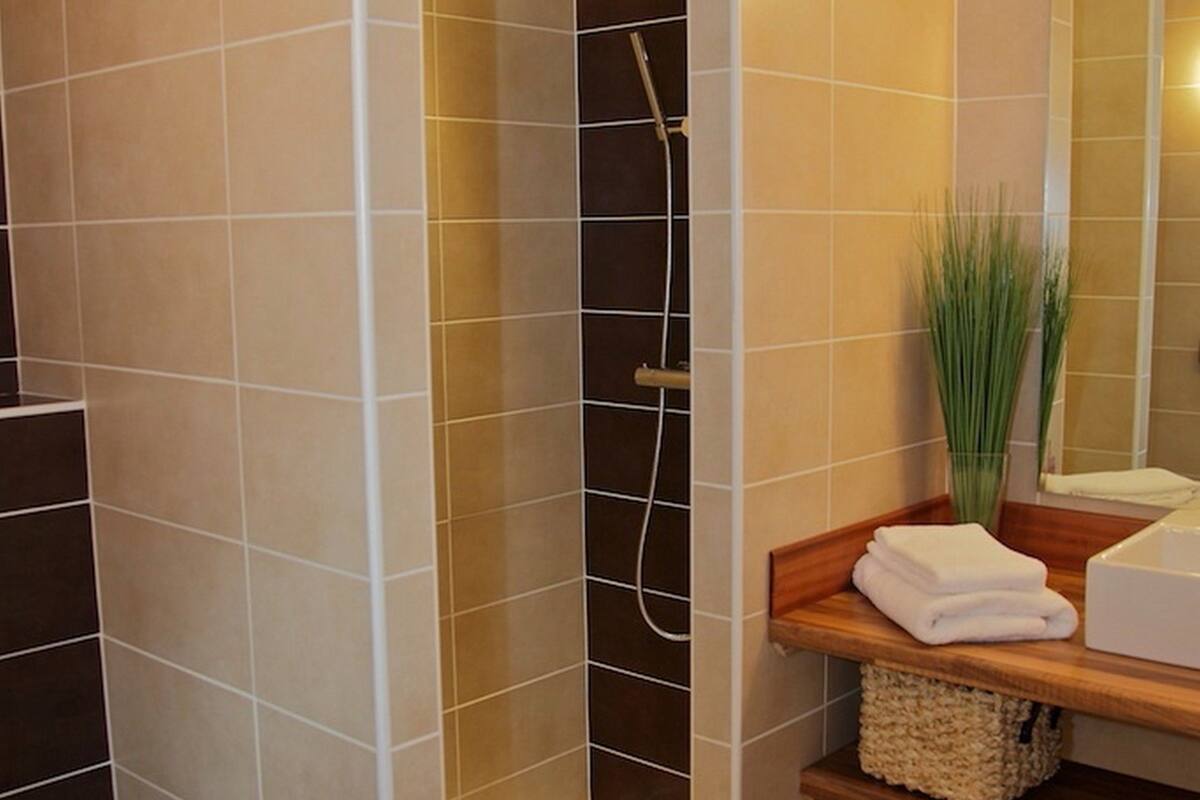 superior double room | bathroom | shower, free toiletries, hair dryer, towels