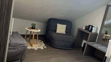 Une chambre mansardée chaleureuse avec une lucarne, un fauteuil-pouf gris foncé, une petite table ronde avec une plante et un coin cuisine.