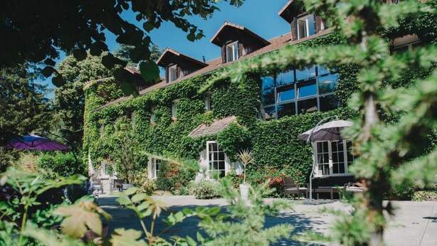 Un bâtiment à l’architecture moderne, caractérisé par un mélange d’éléments en verre et en bois, entouré d’une végétation luxuriante et surplombé d’un ciel bleu azur.
