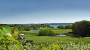 A golf course with a lake in the background, surrounded by greenery and trees. - Benniksgaard Bed & Breakfast (Grasten)