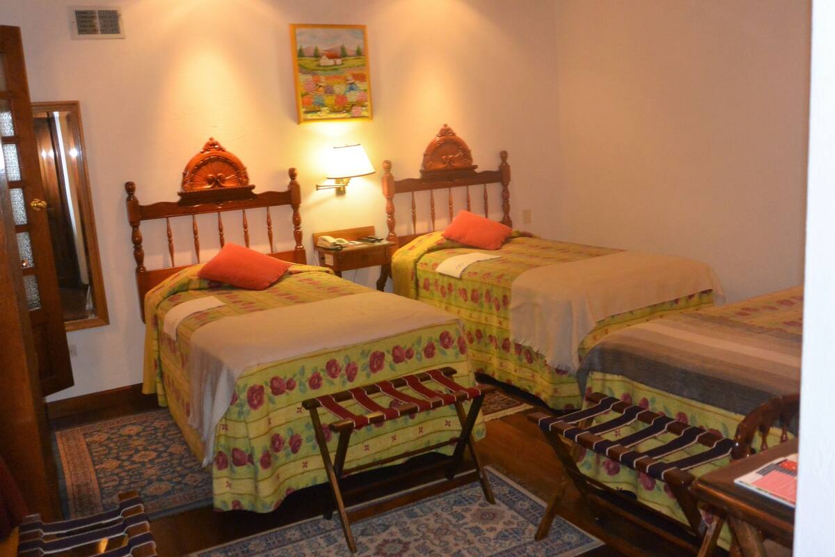 A room with two wooden beds with floral bedding, a nightstand with a lamp, a wooden chair, and a patterned rug.