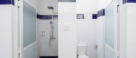 A small, enclosed bathroom with a toilet, a shower, and a glass partition.