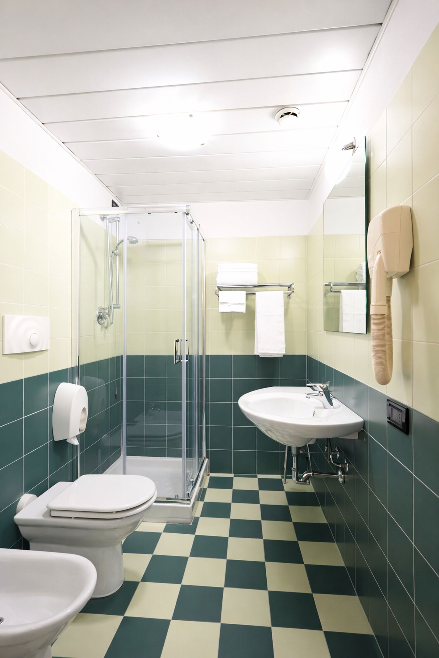 A bathroom with a glass-enclosed shower, a sink, a toilet, and a bidet.
