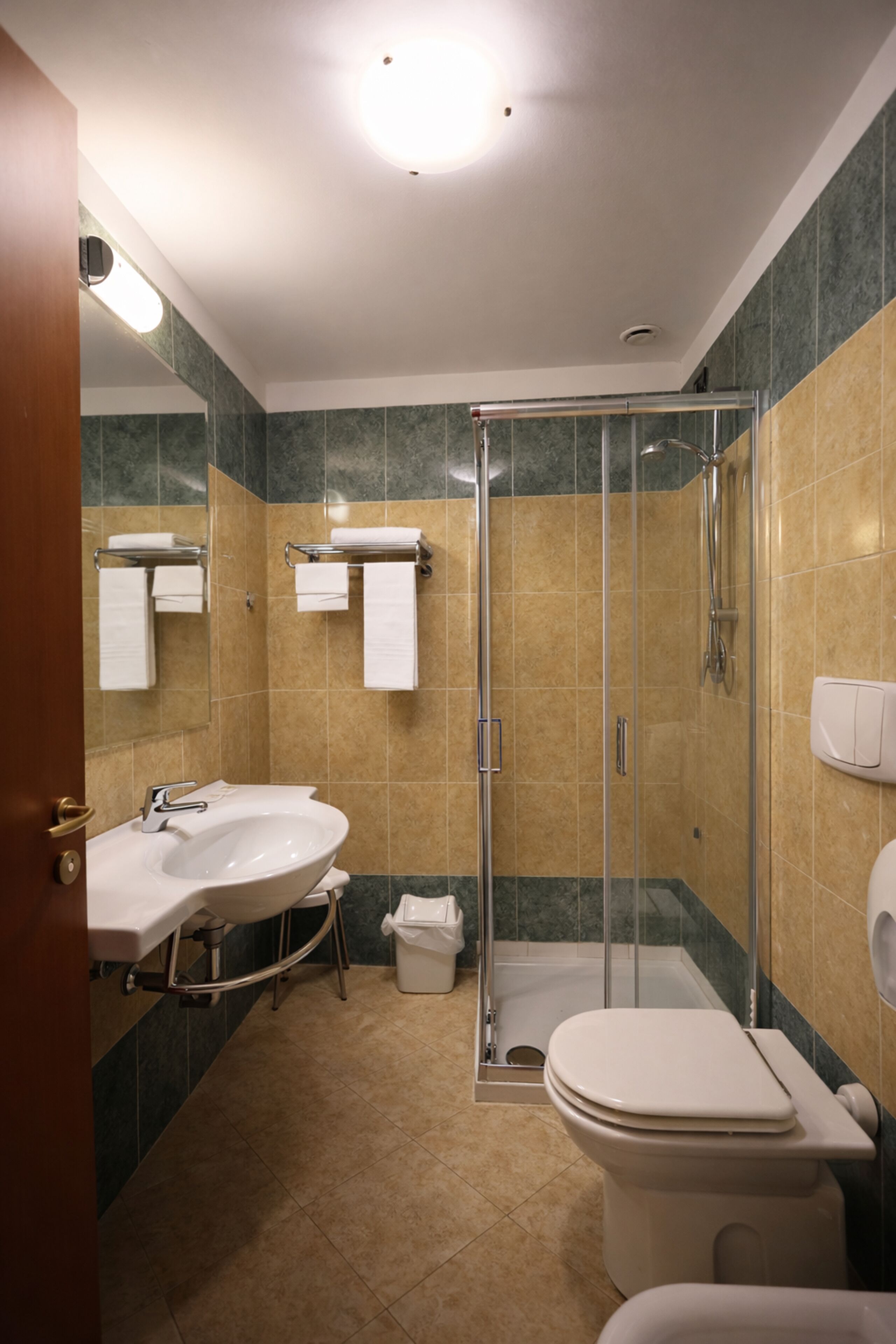 Un baño con ducha, lavabo e inodoro.