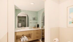 Deluxe kamer, 2 tweepersoonsbedden | Badkamer | Een bad/douchecombinatie, designer toiletartikelen, een haardroger