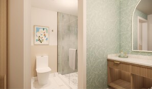 Duschwanne, Designer-Toilettenartikel, Haartrockner, Handtücher