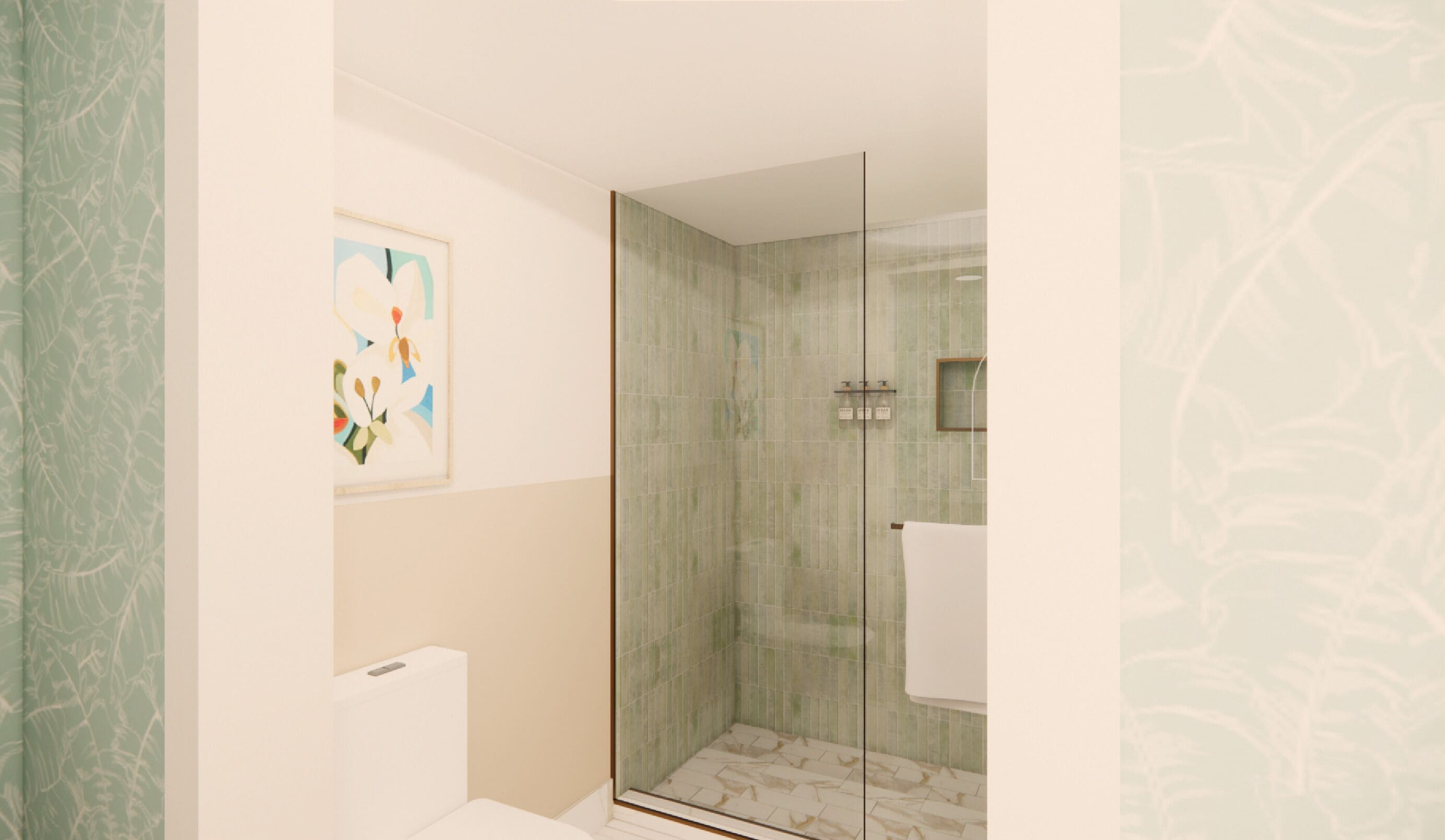 Un baño moderno con cabina de ducha de vidrio, un inodoro y una obra de arte enmarcada en la pared.