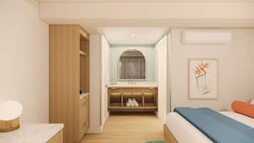 Combined shower/tub, designer toiletries, hair dryer, towels