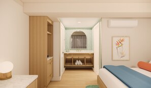 Een bad/douchecombinatie, designer toiletartikelen, een haardroger