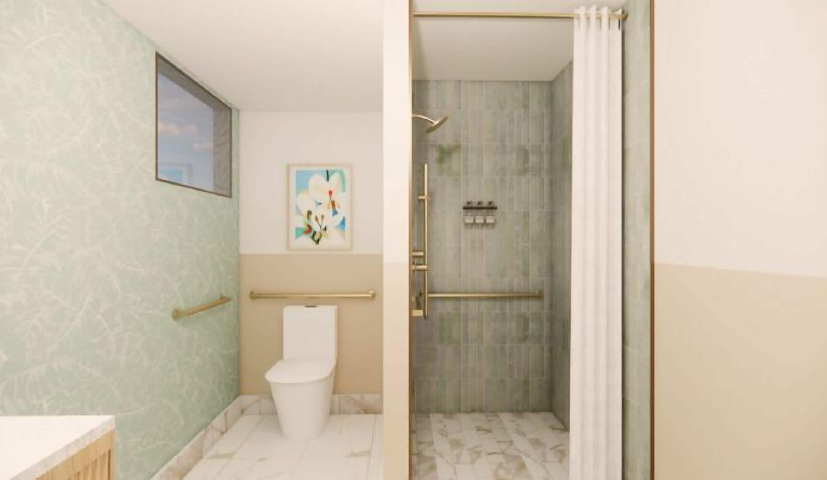 Combined shower/bathtub, designer toiletries, hair dryer, towels