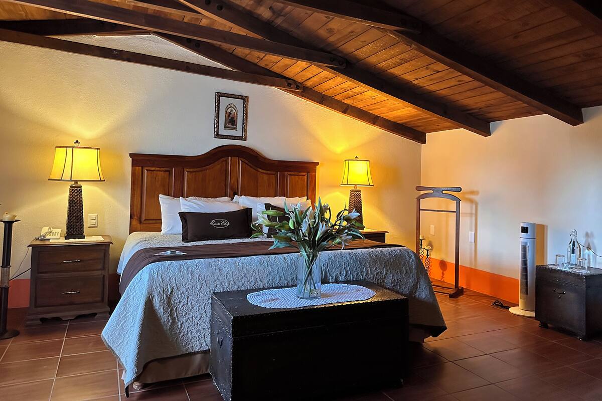 Une chambre avec un plafond en bois, un lit avec une t ête de lit, deux tables de chevet avec des lampes, une plante sur une table de chevet et un radiateur.