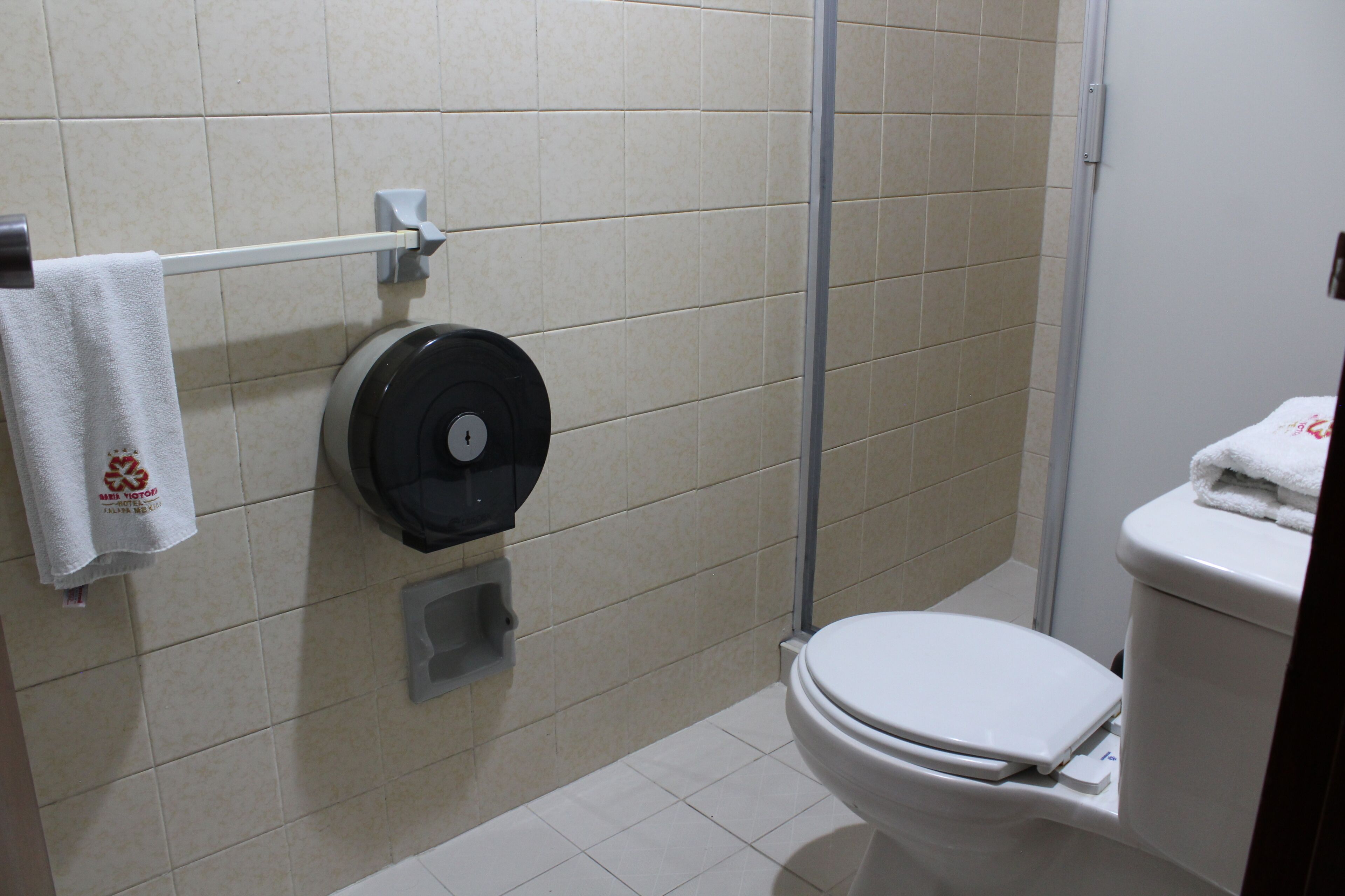 A bathroom with a toilet, a towel rack with a towel, and a toilet paper holder.